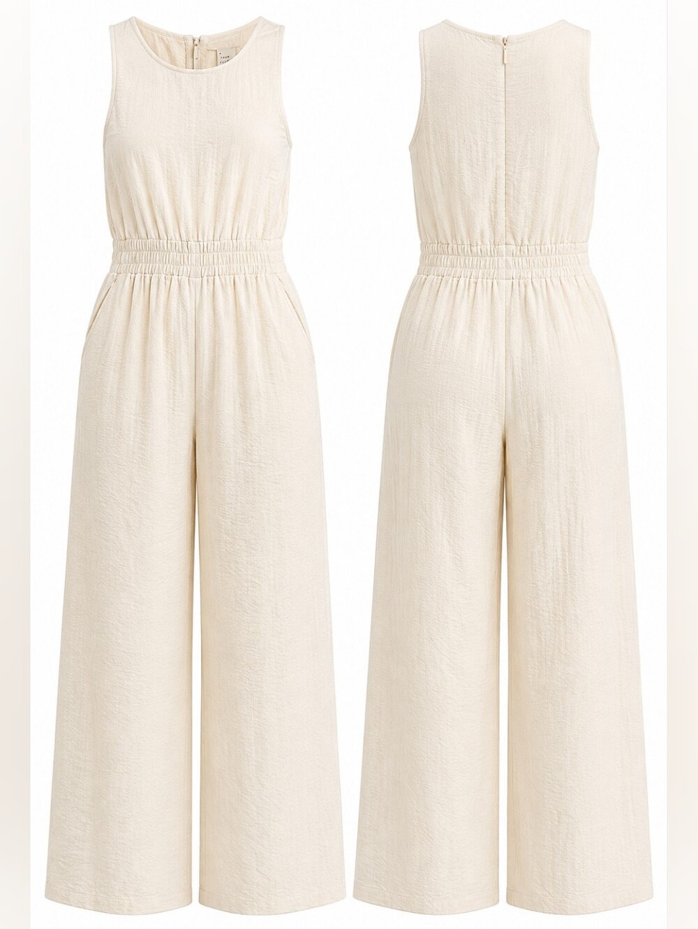 A New Day Cream Textured Wide Leg Jumpsuit Smocked Waist Pockets S NWT Office